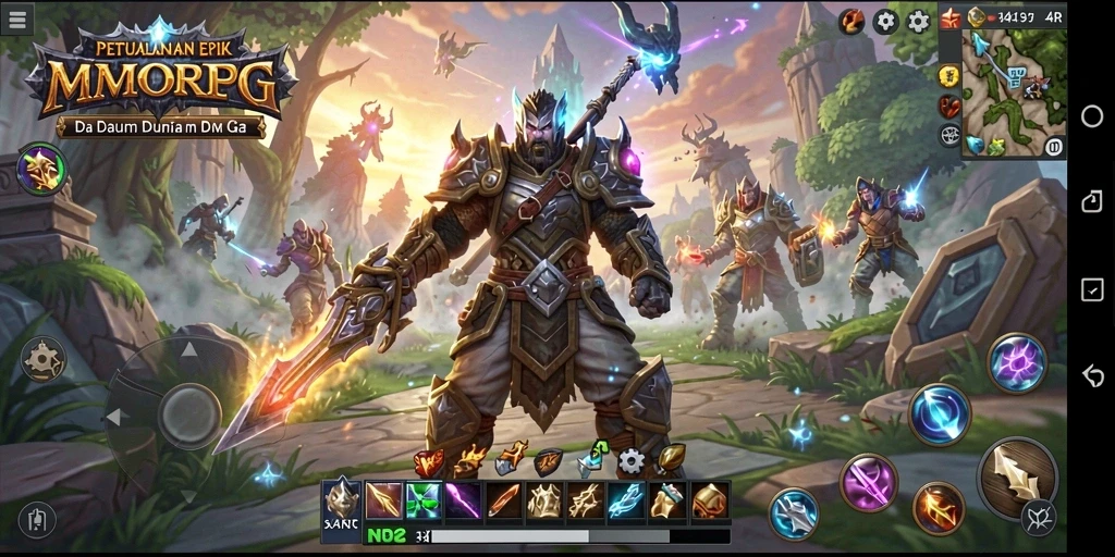 Tangkapan layar utama 34R yang menunjukkan aksi pertempuran MMORPG.