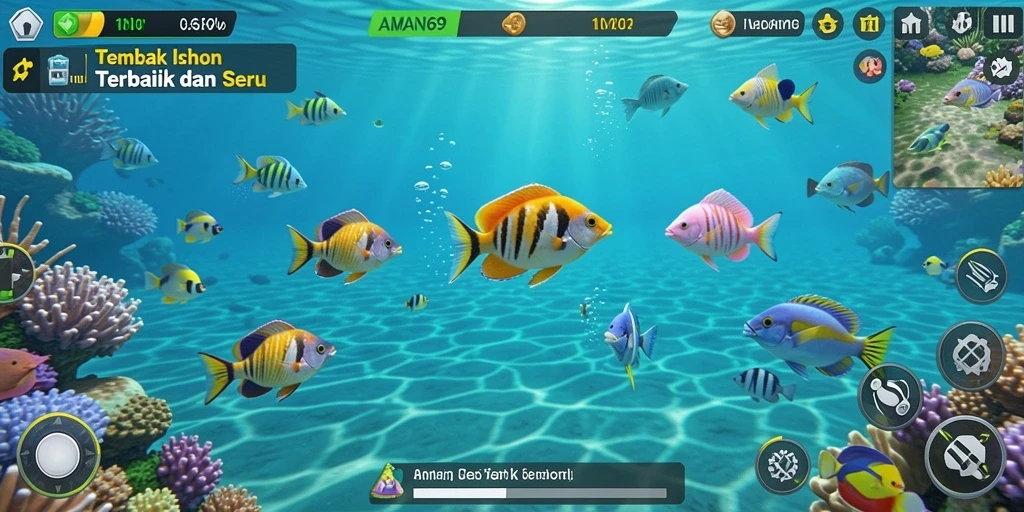 Screenshot gameplay AMAN69 menampilkan aksi menembak ikan yang dinamis.