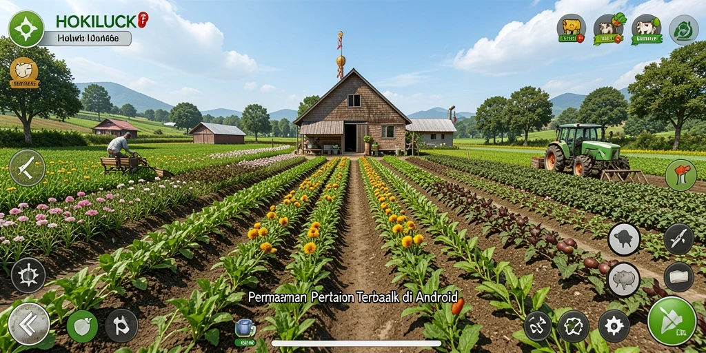 Tampilan gameplay HOKILUCK yang menarik dengan suasana pertanian yang hidup.
