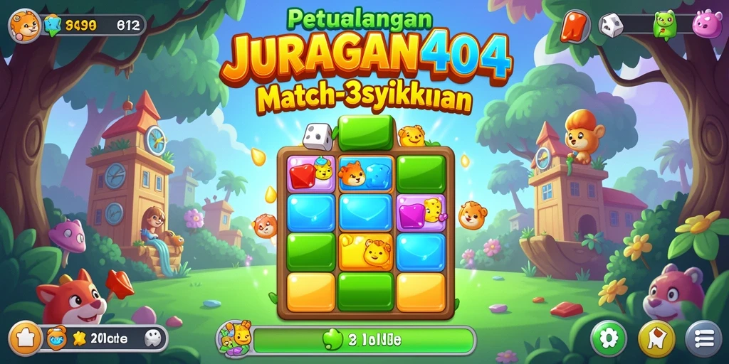 Tampilan gameplay seru dari JURAGAN404 yang menampilkan kombinasi ikon Match-3.