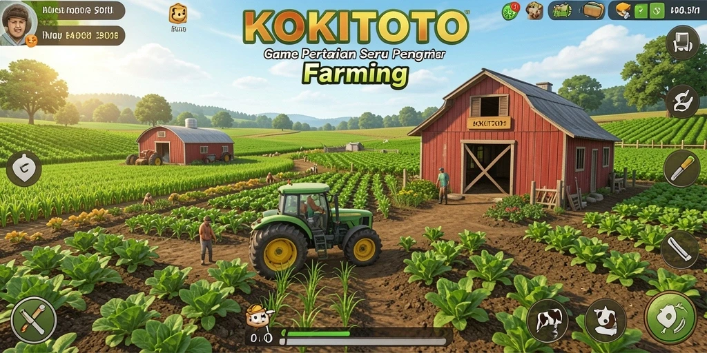 Screenshot gameplay KOKITOTO menampilkan kebun yang subur dan berwarna-warni.