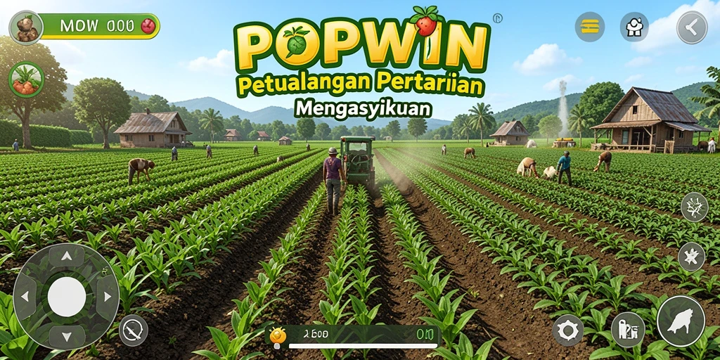 Screenshot gameplay POPWIN menunjukkan keseruan bertani dan merawat hewan.