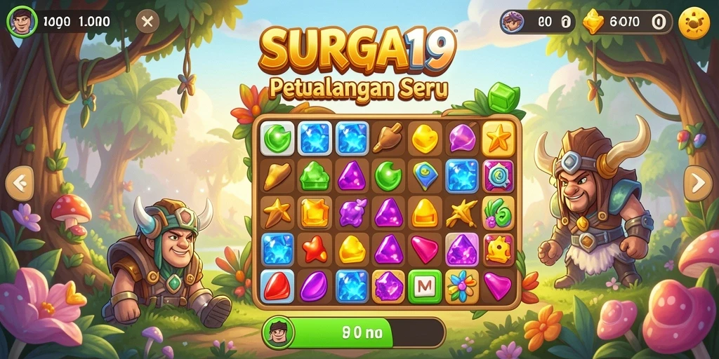 Screenshot gameplay SURGA19 dengan objek mencocokkan yang cerah.