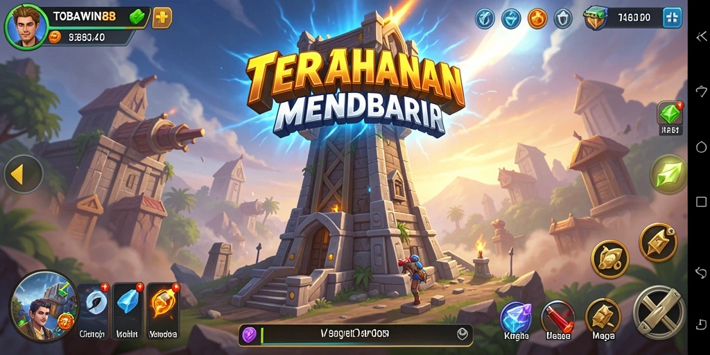 Screenshot gameplay TOBAWIN88 menampilkan menara yang menghadang gelombang musuh.